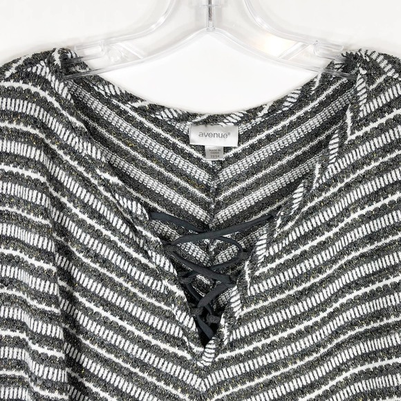Avenue Plus Size 22 24 Sweater Top Gray Gold White Striped Lace Up V Neck 1272 - Picture 5 of 6